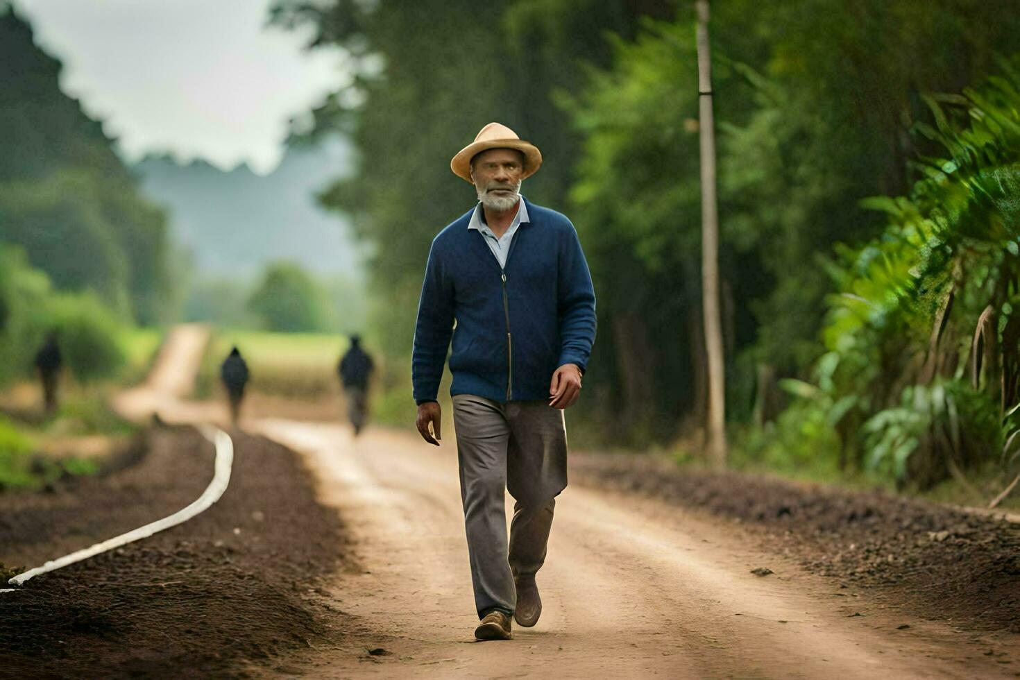 un más viejo hombre caminando abajo un suciedad la carretera. generado por ai foto