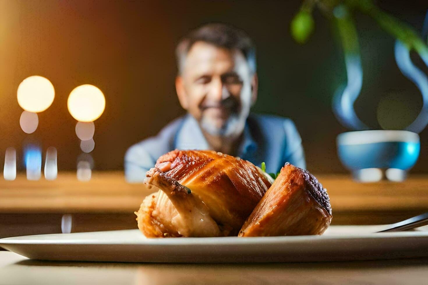 un hombre sentado a un mesa con un plato de alimento. generado por ai foto