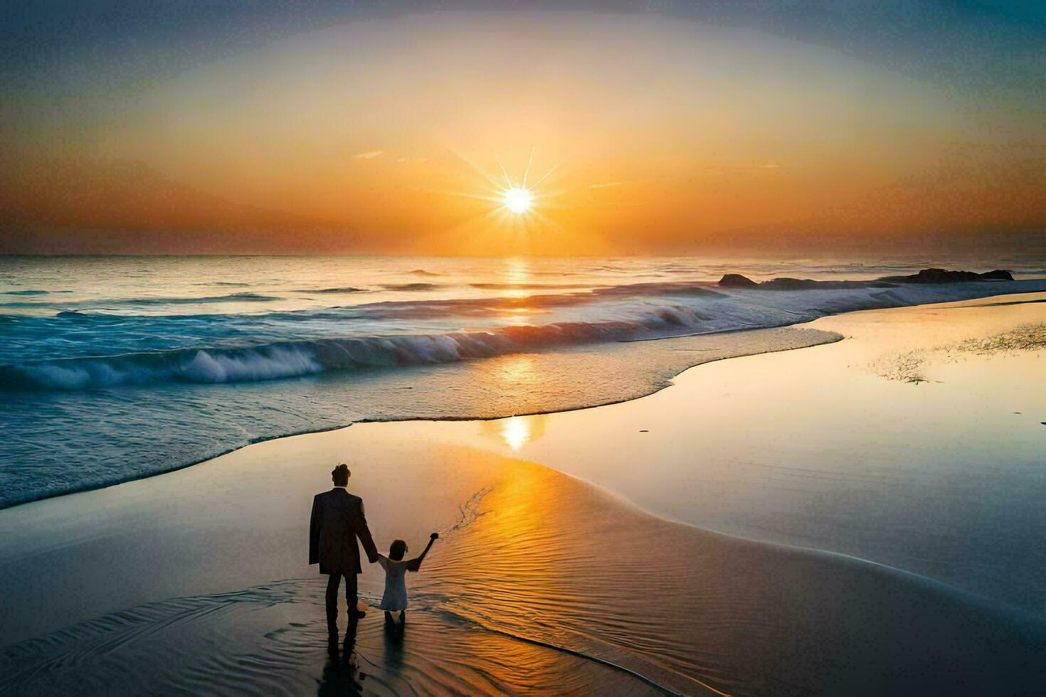 a man and child walking on the beach at sunset. AI-Generated photo