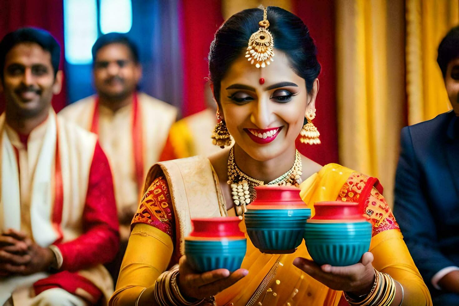 a woman in traditional indian attire holding two cups. AI-Generated photo