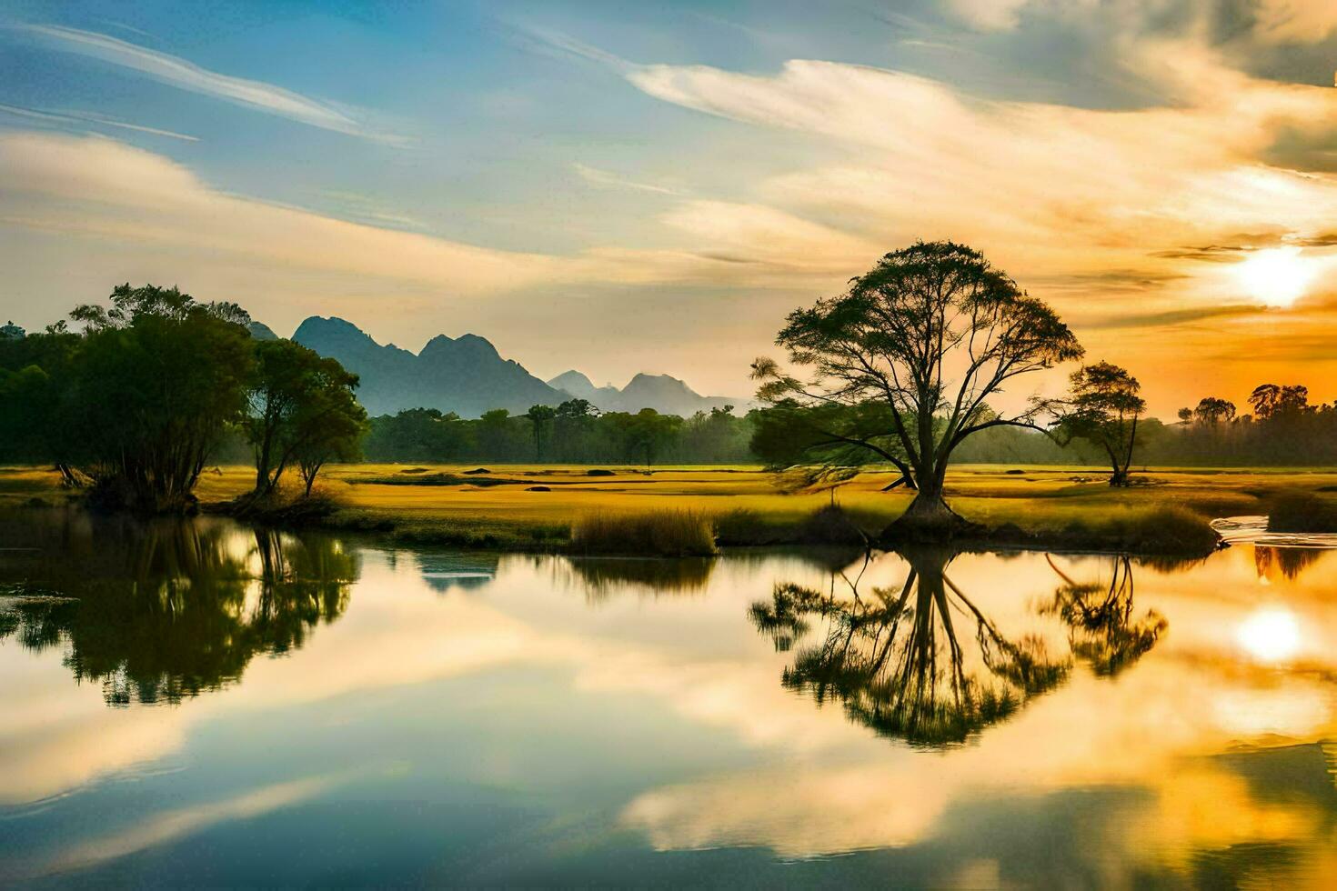 the sun sets over a river and trees. AI-Generated photo