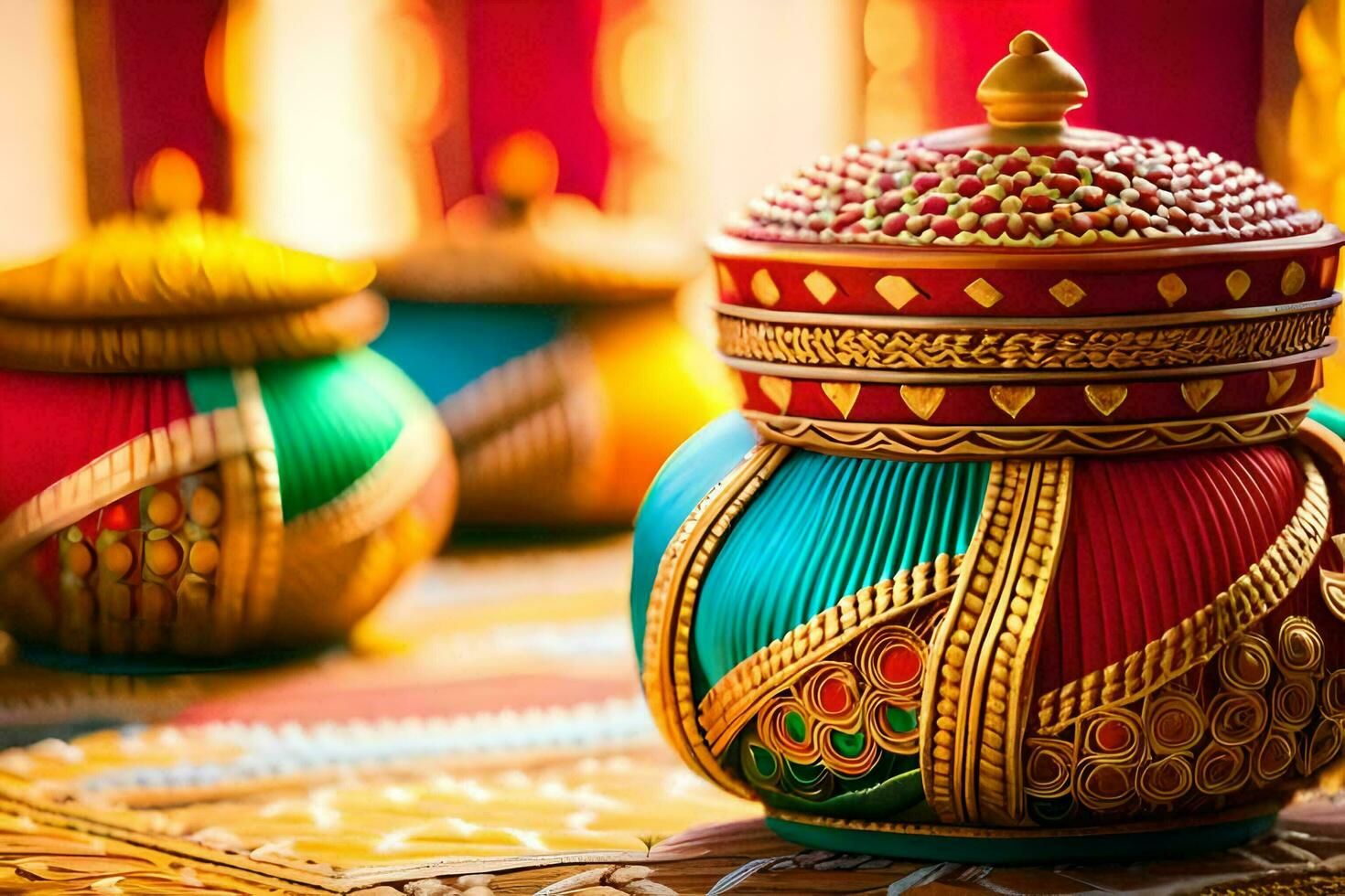 colorful indian pottery on a table. AI-Generated photo