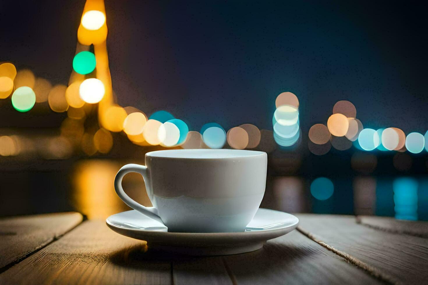 café taza en el mesa en el ciudad. generado por ai foto