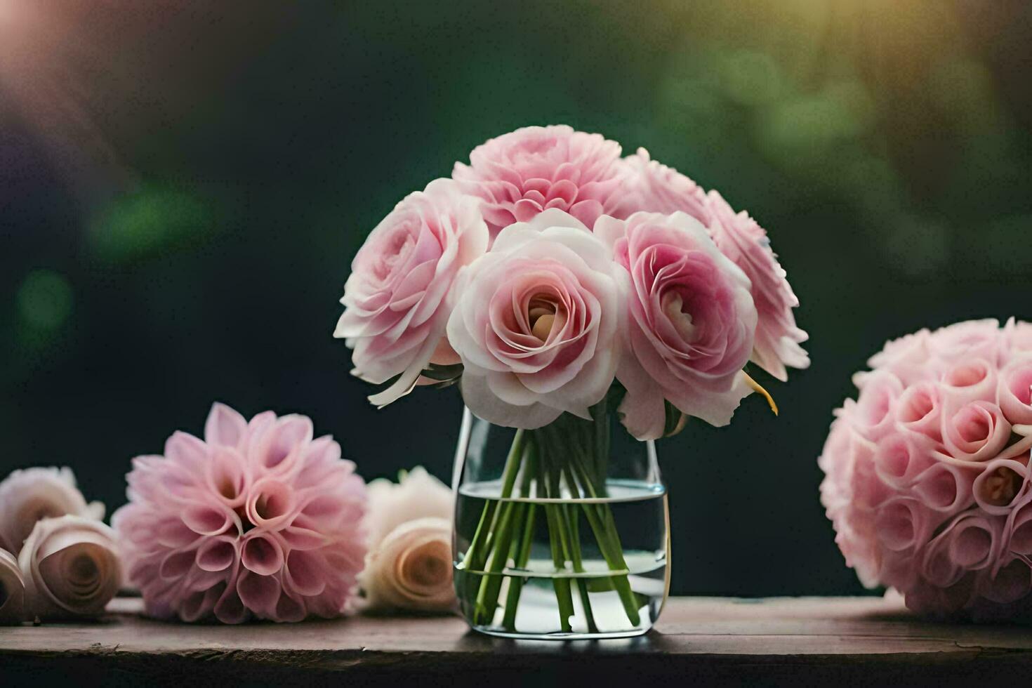 rosado flores en un florero en un mesa. generado por ai foto