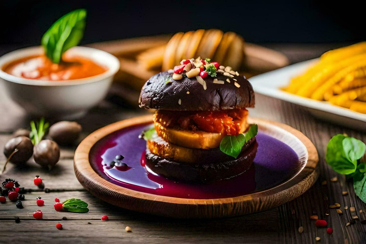 a burger with a purple sauce and vegetables. AI-Generated photo
