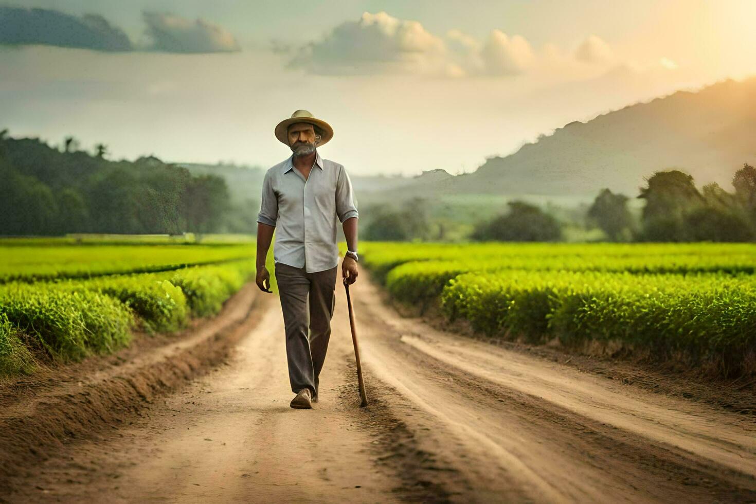 un hombre caminando en un suciedad la carretera en un campo. generado por ai foto