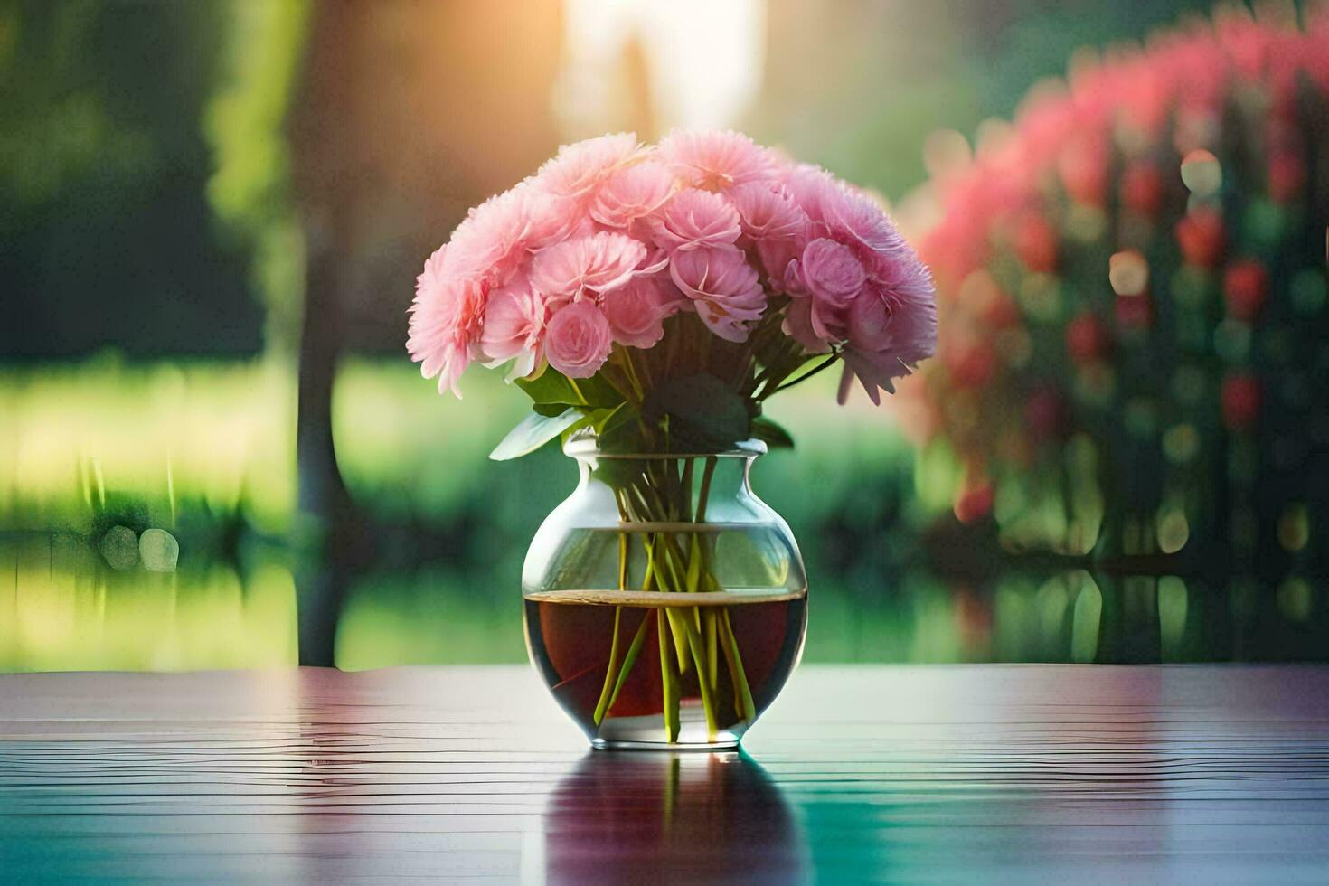 pink flowers in a vase on a table in front of a lake. AI-Generated photo