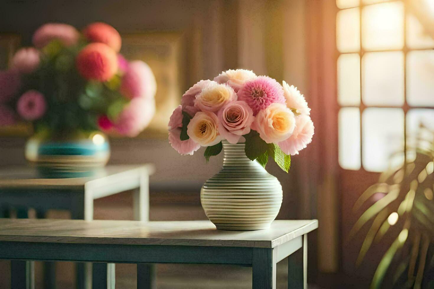 un florero de flores en un mesa en frente de un ventana. generado por ai foto