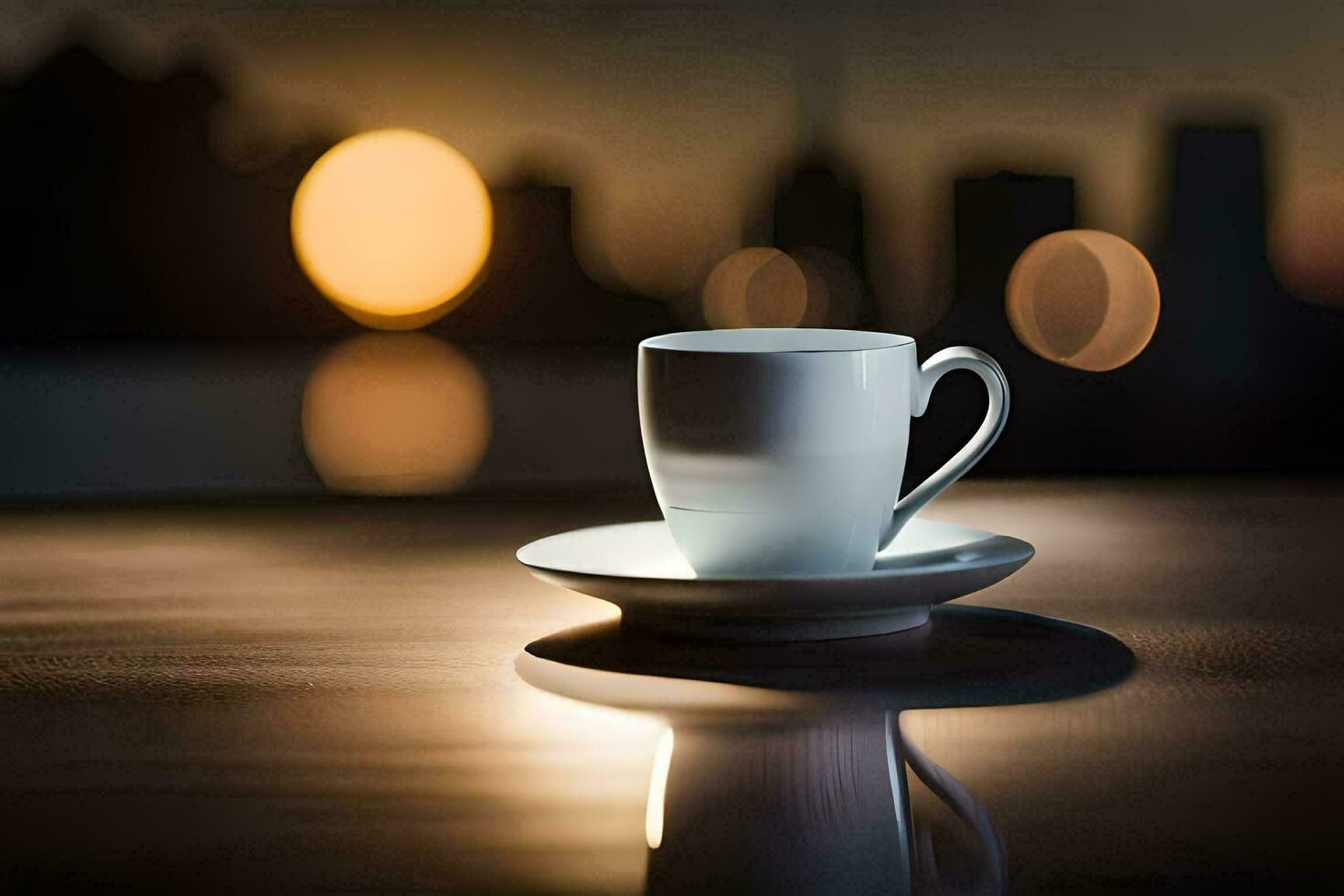 un taza de café en un mesa en frente de un ciudad horizonte. generado por ai foto