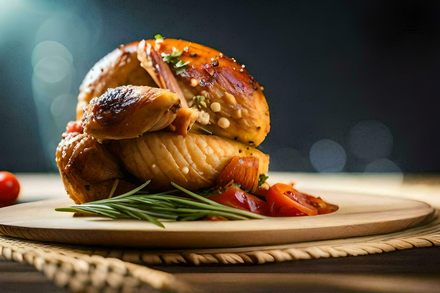 un pollo en un de madera plato con Tomates. generado por ai foto