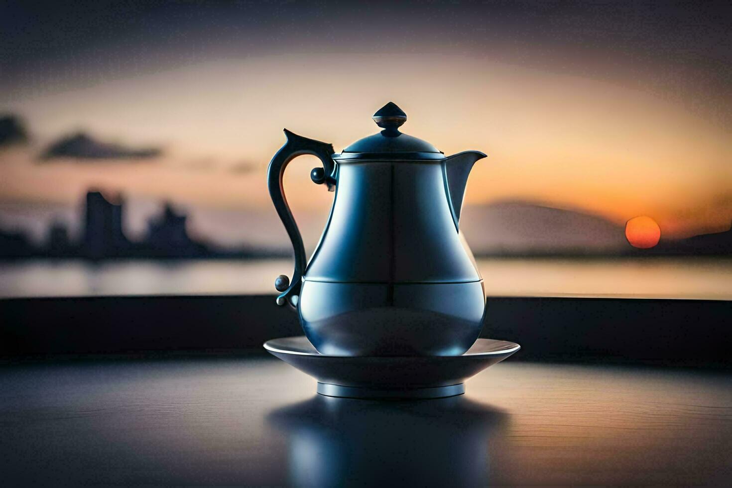 a silver coffee pot on a table in front of a city. AI-Generated photo