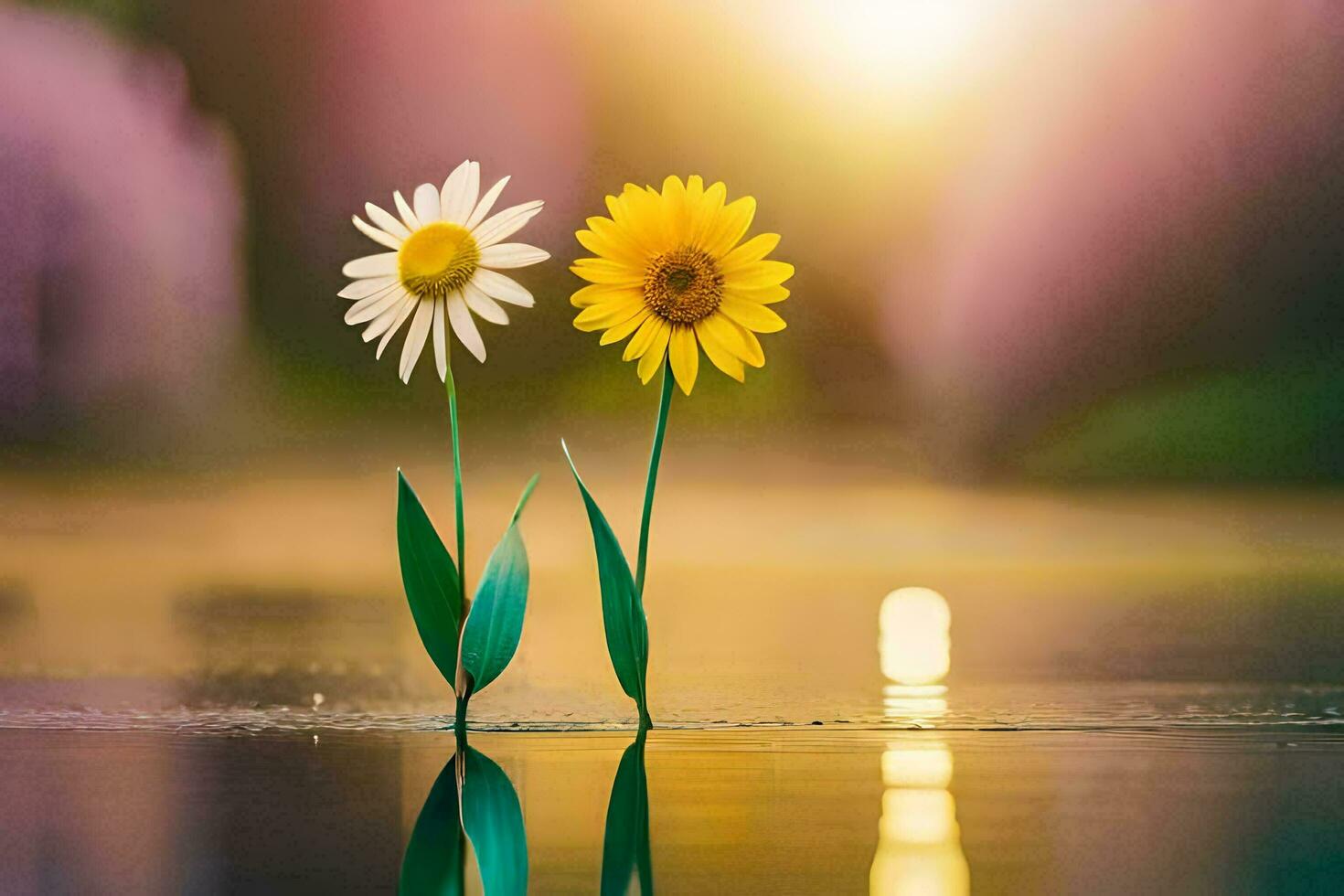 two flowers are standing in water with a sunset in the background. AI-Generated photo