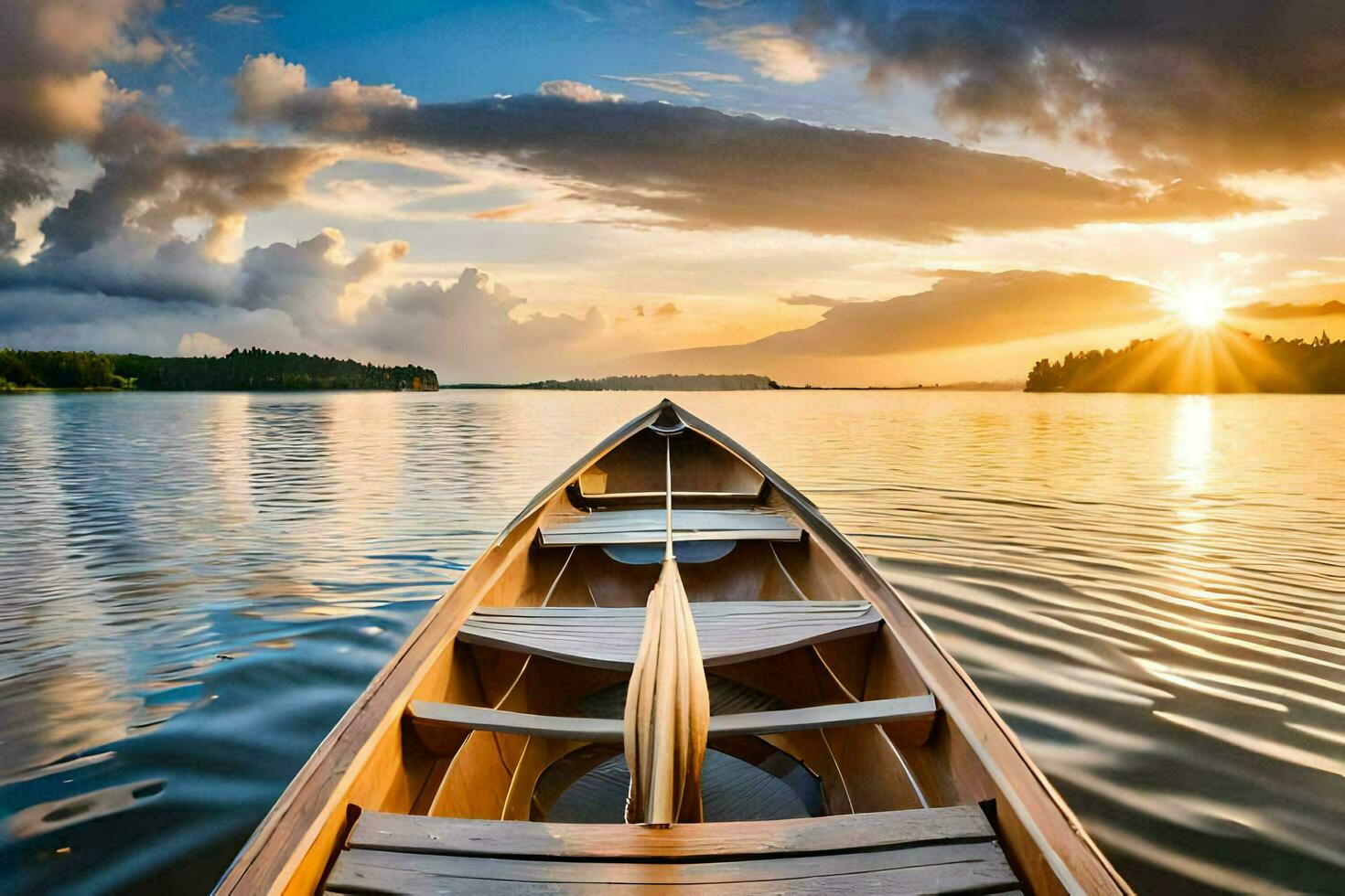 the sun rises over the water in a canoe. AI-Generated photo