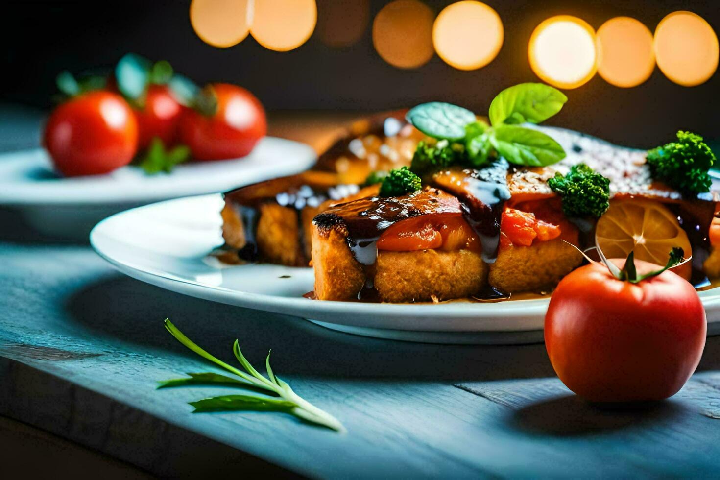 a piece of cake with tomatoes and herbs on a plate. AI-Generated photo