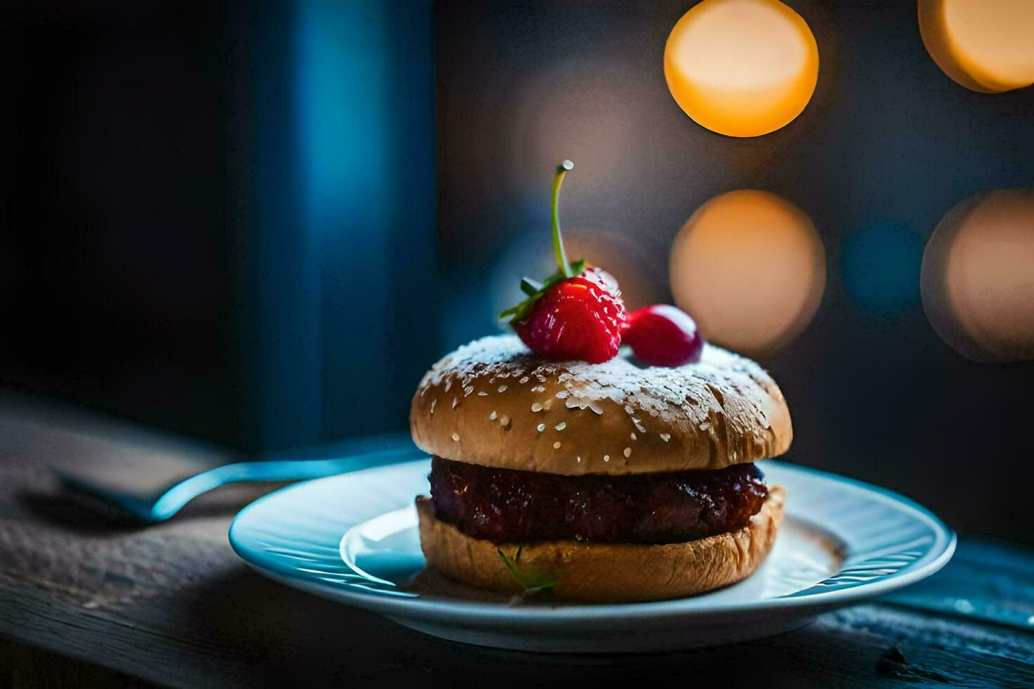 a hamburger with a cherry on top sits on a plate. AI-Generated photo
