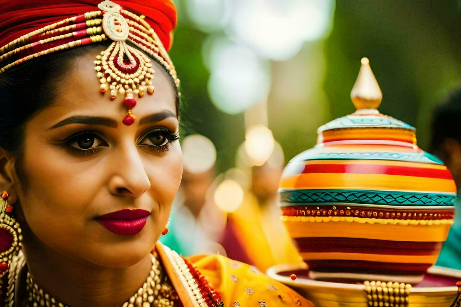 a woman in traditional indian attire holding a pot. AI-Generated photo