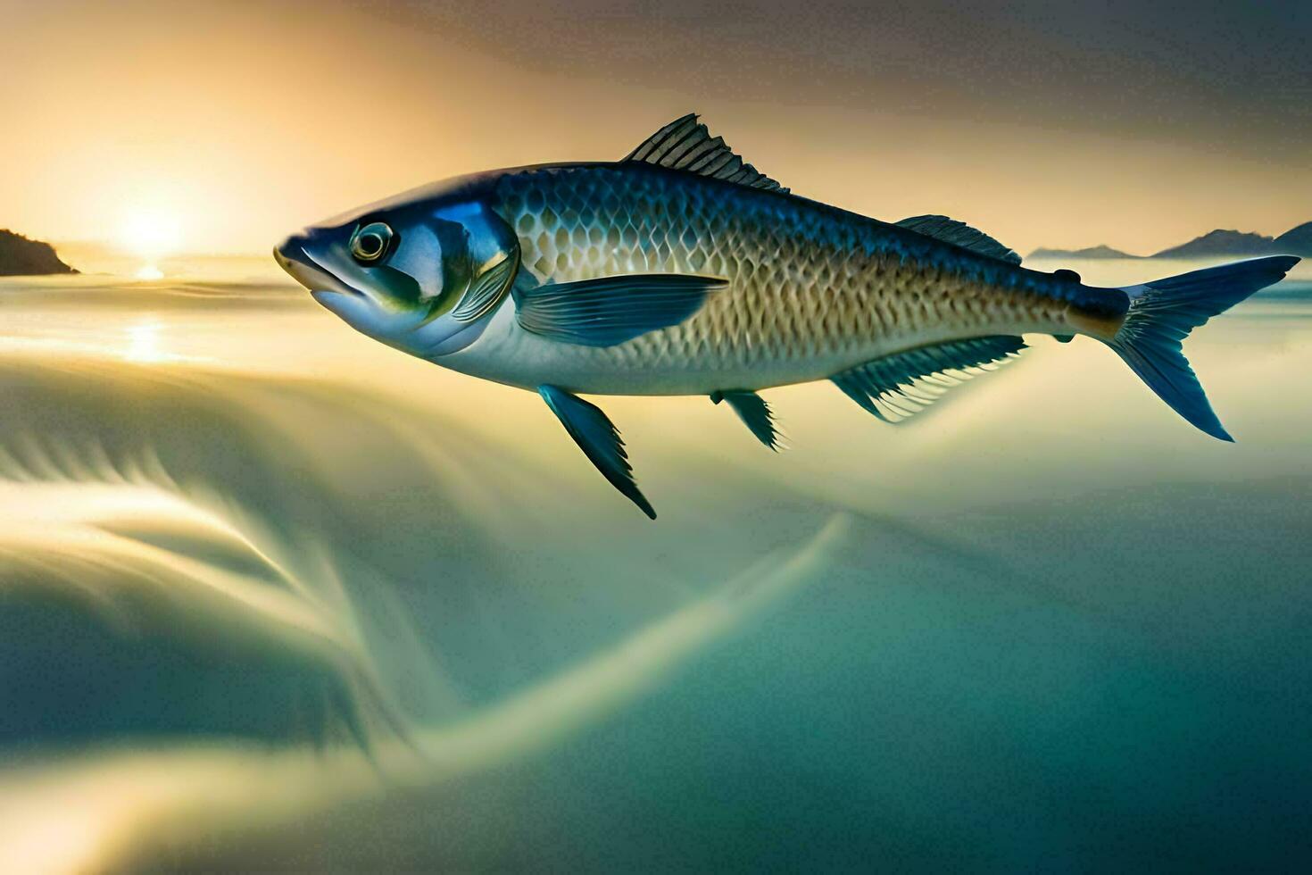 a fish swimming in the ocean at sunset. AI-Generated photo