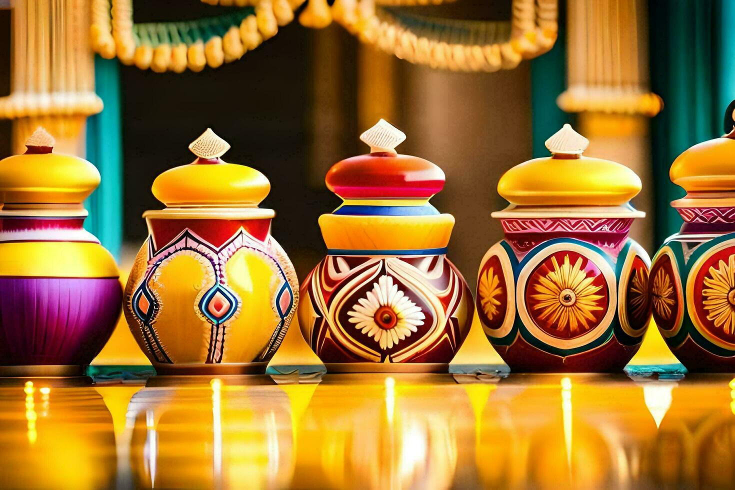 a row of colorful vases lined up on a table. AI-Generated photo