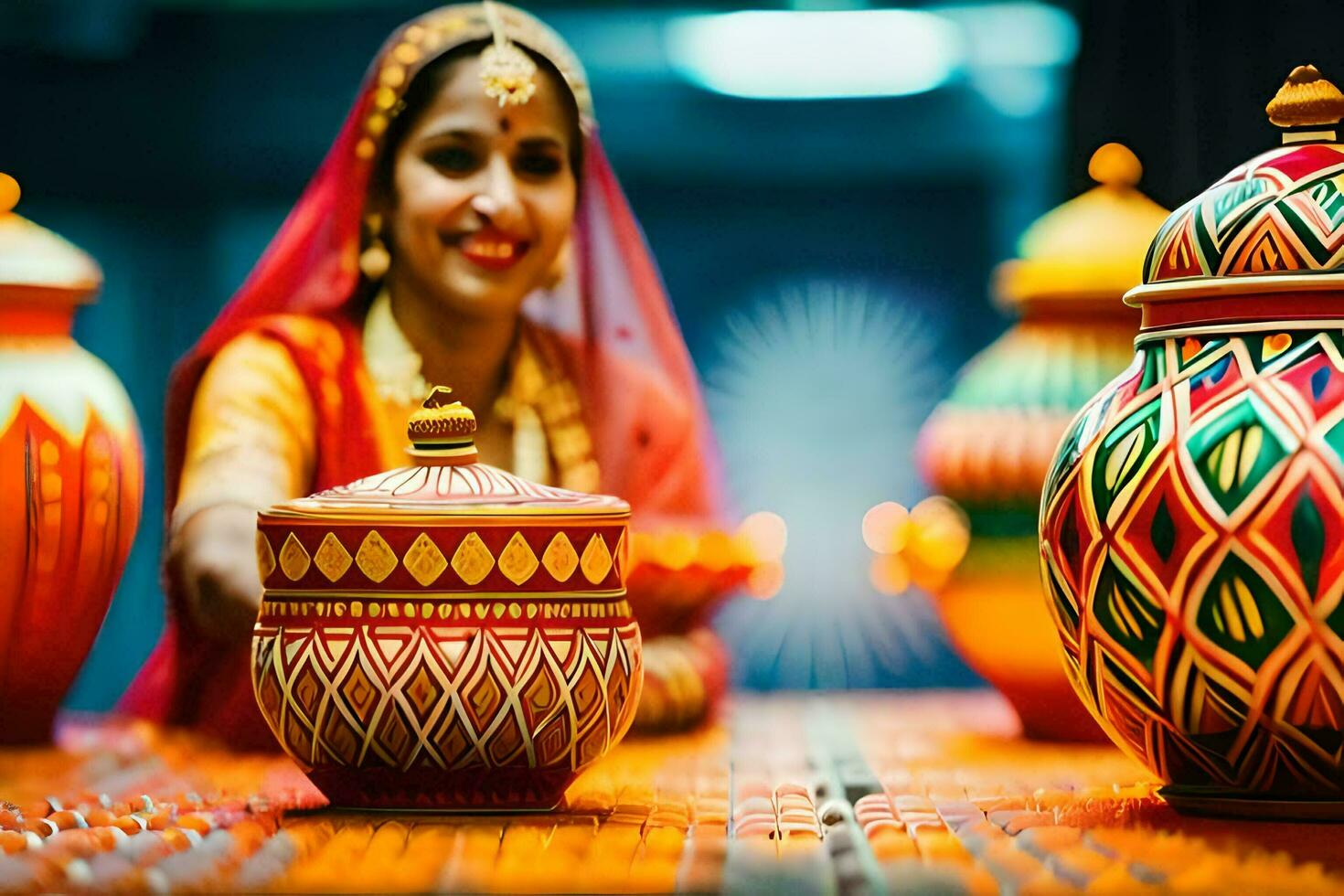 a woman in traditional indian dress is holding a pot. AI-Generated photo