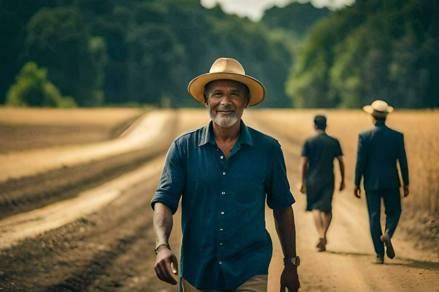 un hombre en un sombrero caminando abajo un suciedad la carretera. generado por ai foto