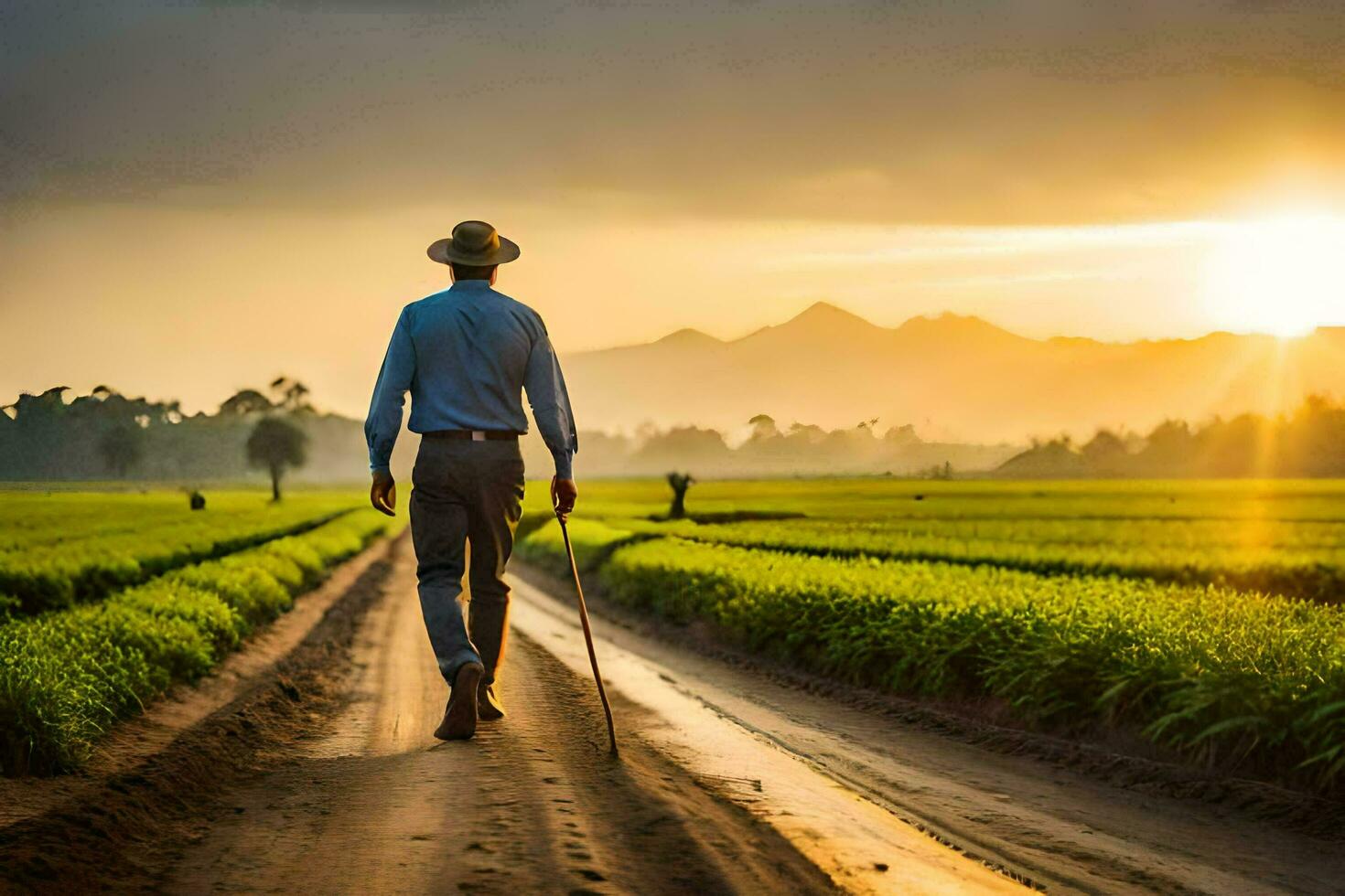 a man walking down a dirt road in a rice field. AI-Generated photo