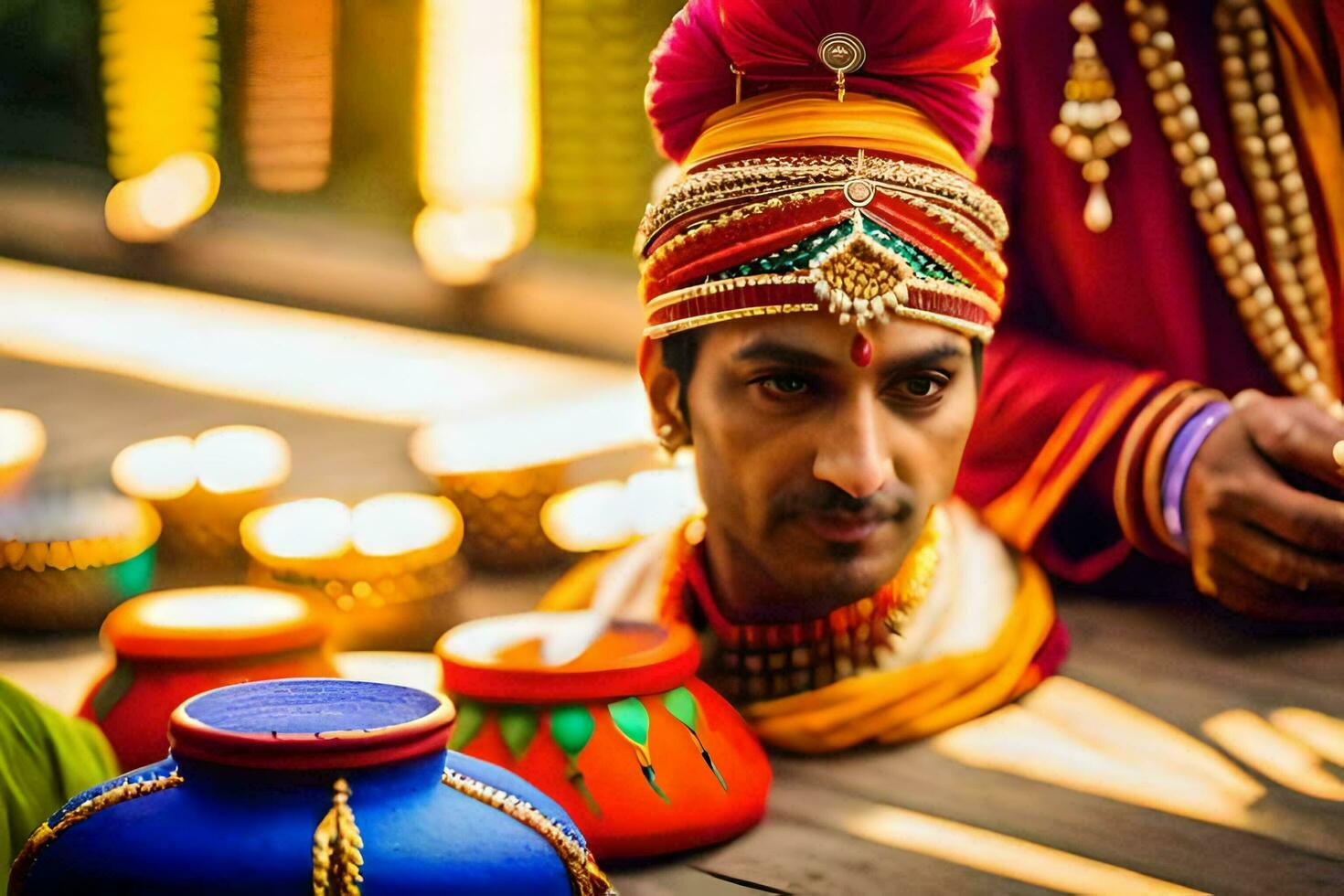 a man in traditional indian attire is sitting on a wooden table. AI-Generated photo