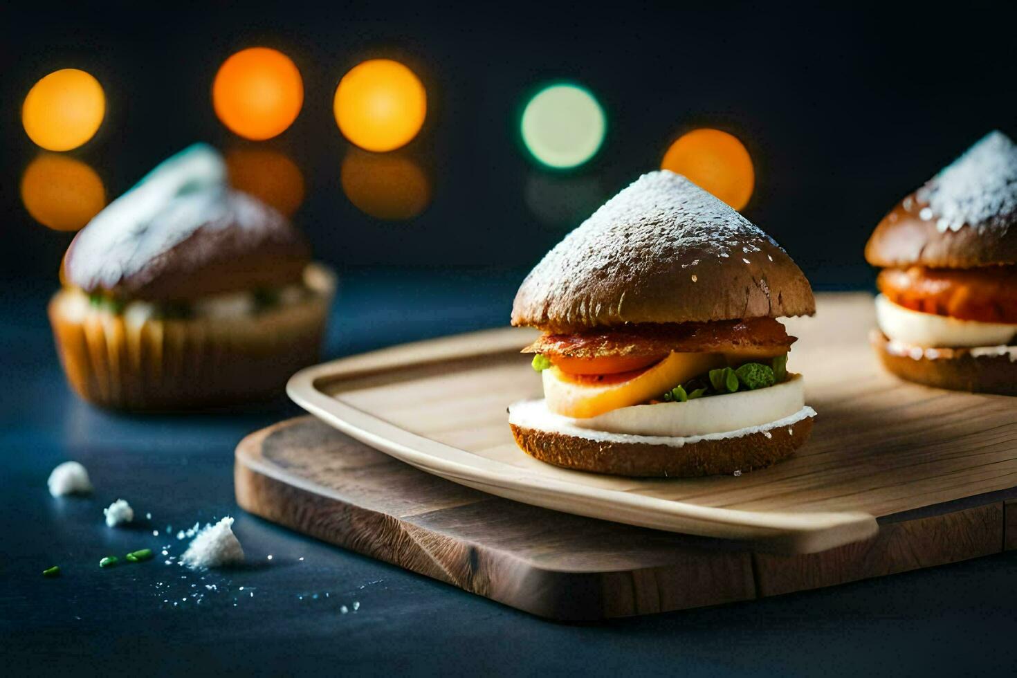 three mini sandwiches on a wooden cutting board. AI-Generated photo