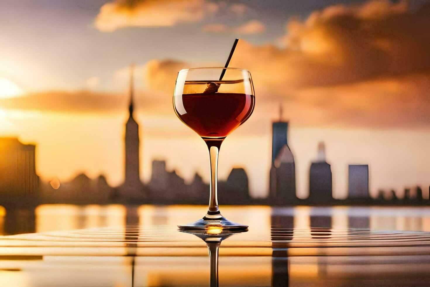 a glass of wine with a city skyline in the background. AI-Generated photo
