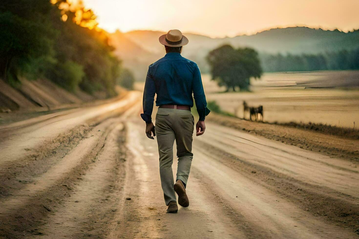 a man walking down a dirt road with a horse in the background. AI-Generated photo
