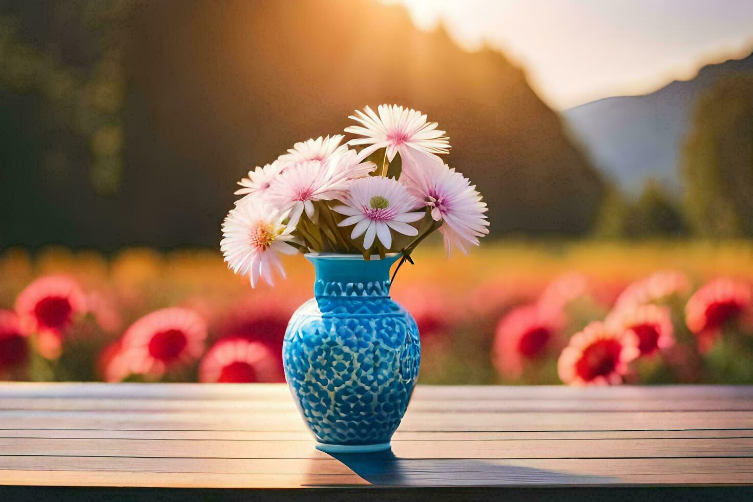 a vase with flowers on a table in front of a field. AI-Generated photo