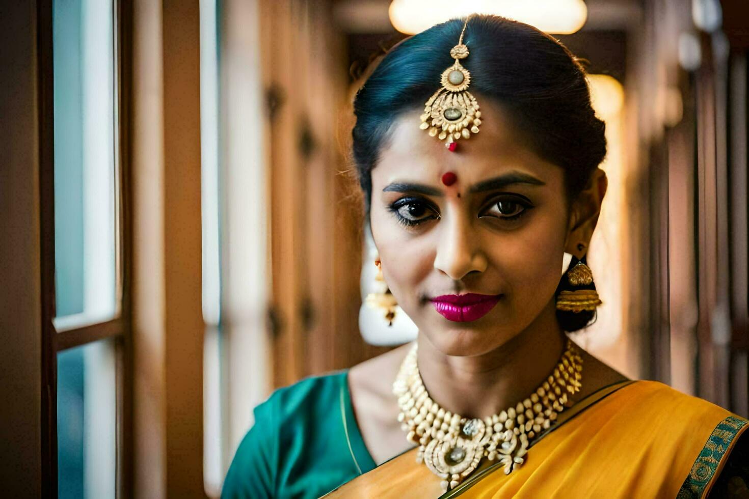 beautiful indian bride in yellow sari. AI-Generated photo