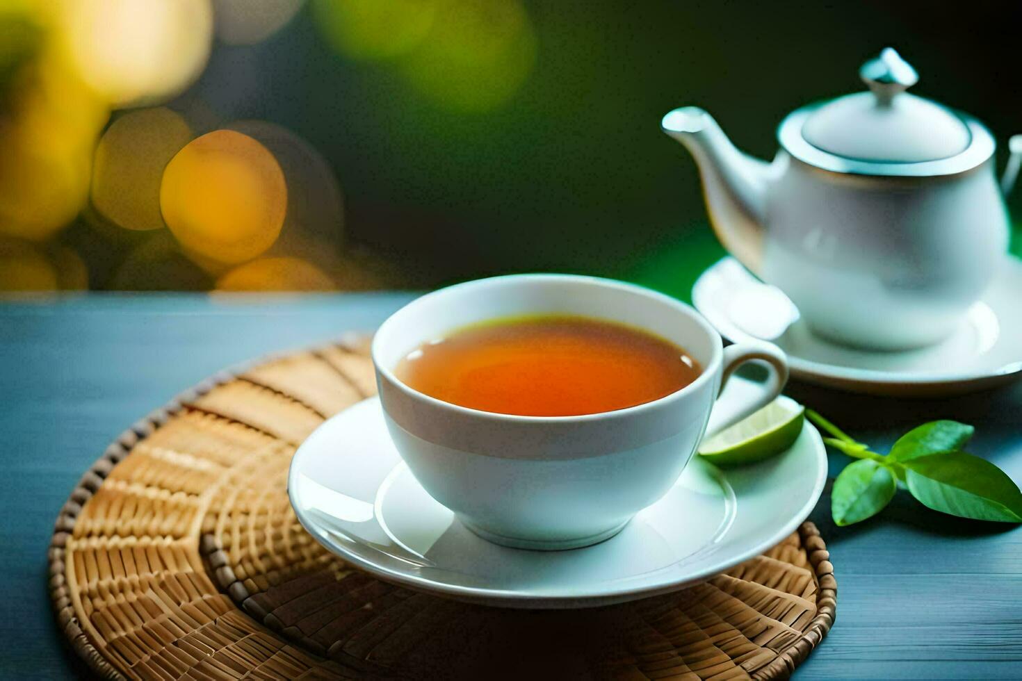 a cup of tea and a teapot on a wooden table. AI-Generated photo