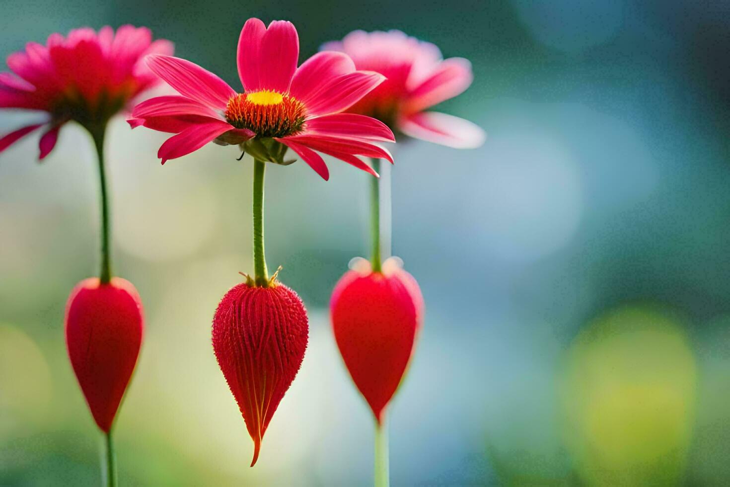 Tres rojo flores son en pie en parte superior de cada otro. generado por ai foto