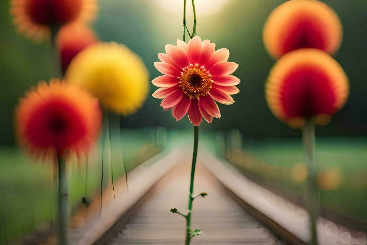 a flower is standing on a railroad track. AI-Generated photo
