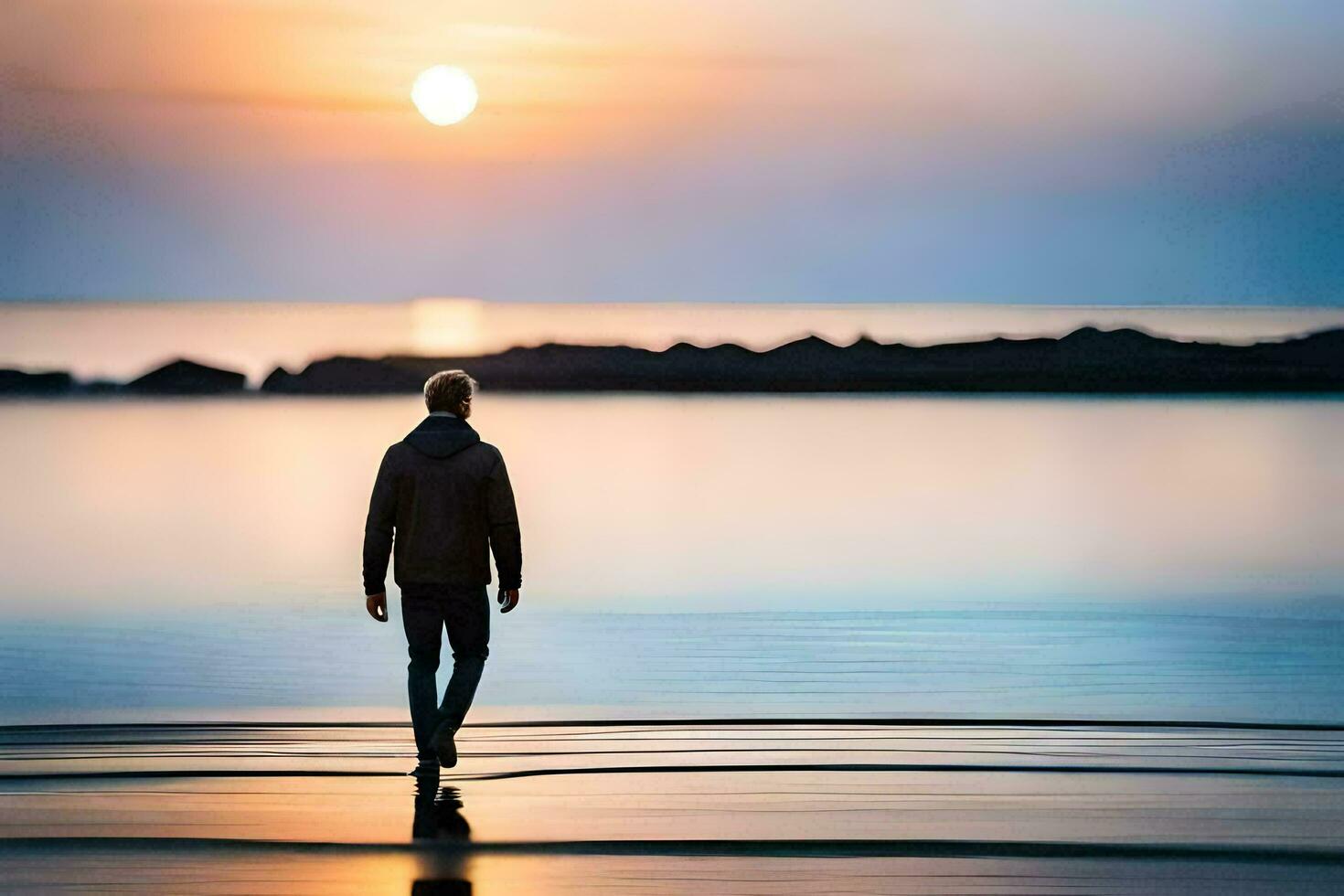 a man walking on the beach at sunset. AI-Generated photo