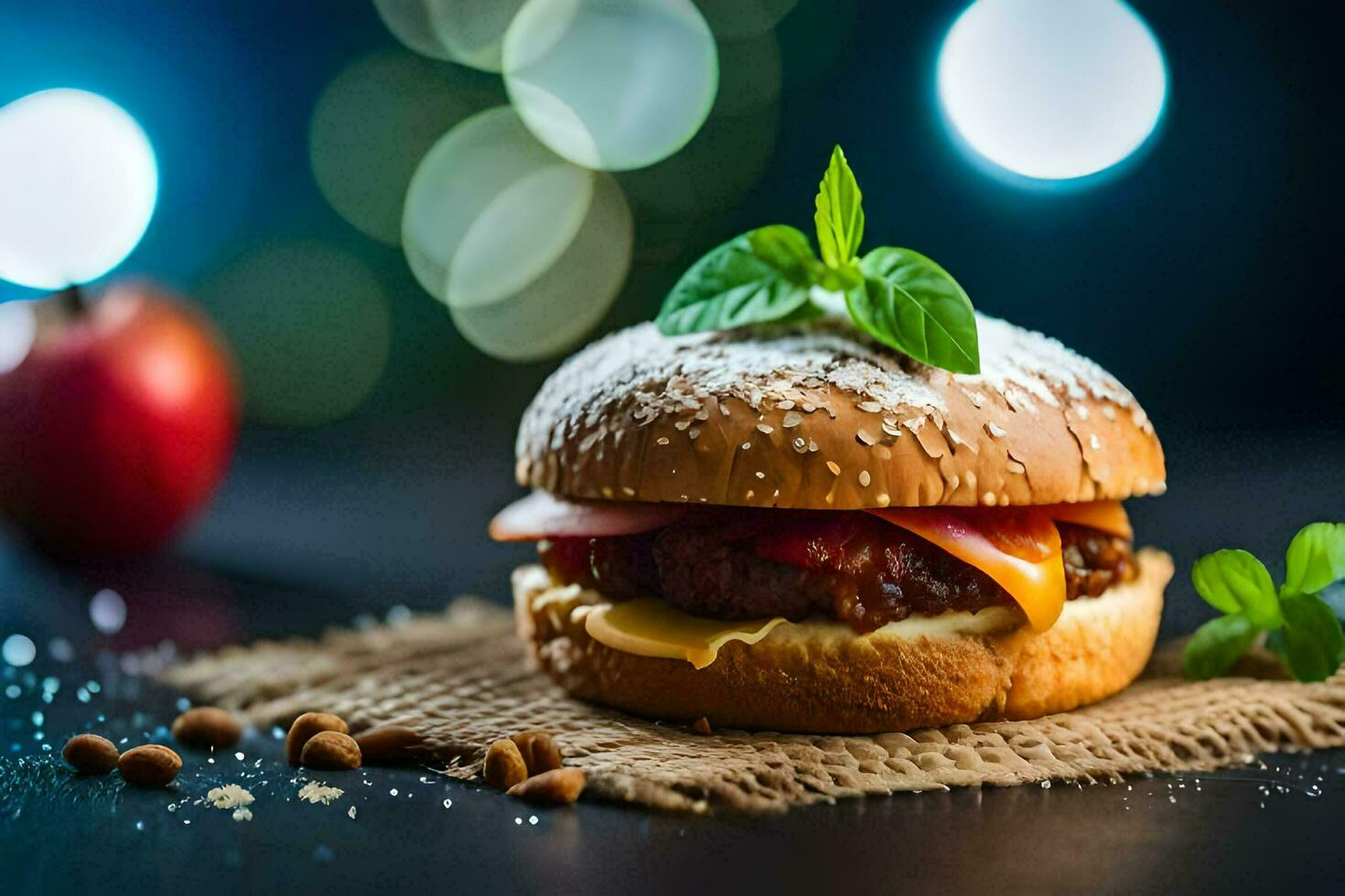 hamburger with cheese, lettuce and tomato on a dark background. AI-Generated photo