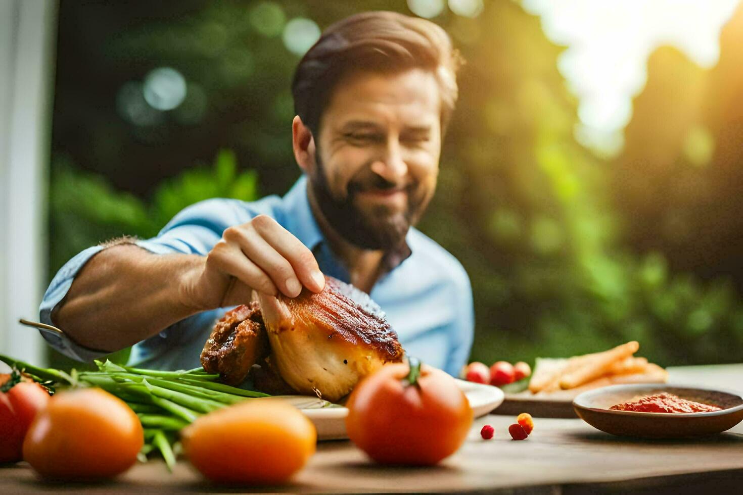 un hombre es participación un pedazo de carne mientras sentado a un mesa con vegetales. generado por ai foto