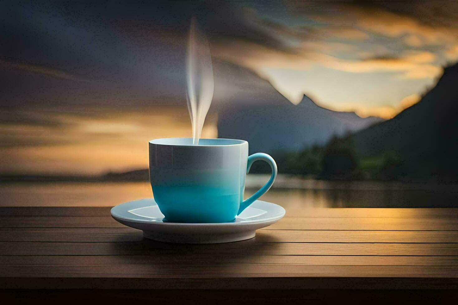 a cup of coffee on a wooden table with a view of the lake. AI-Generated photo