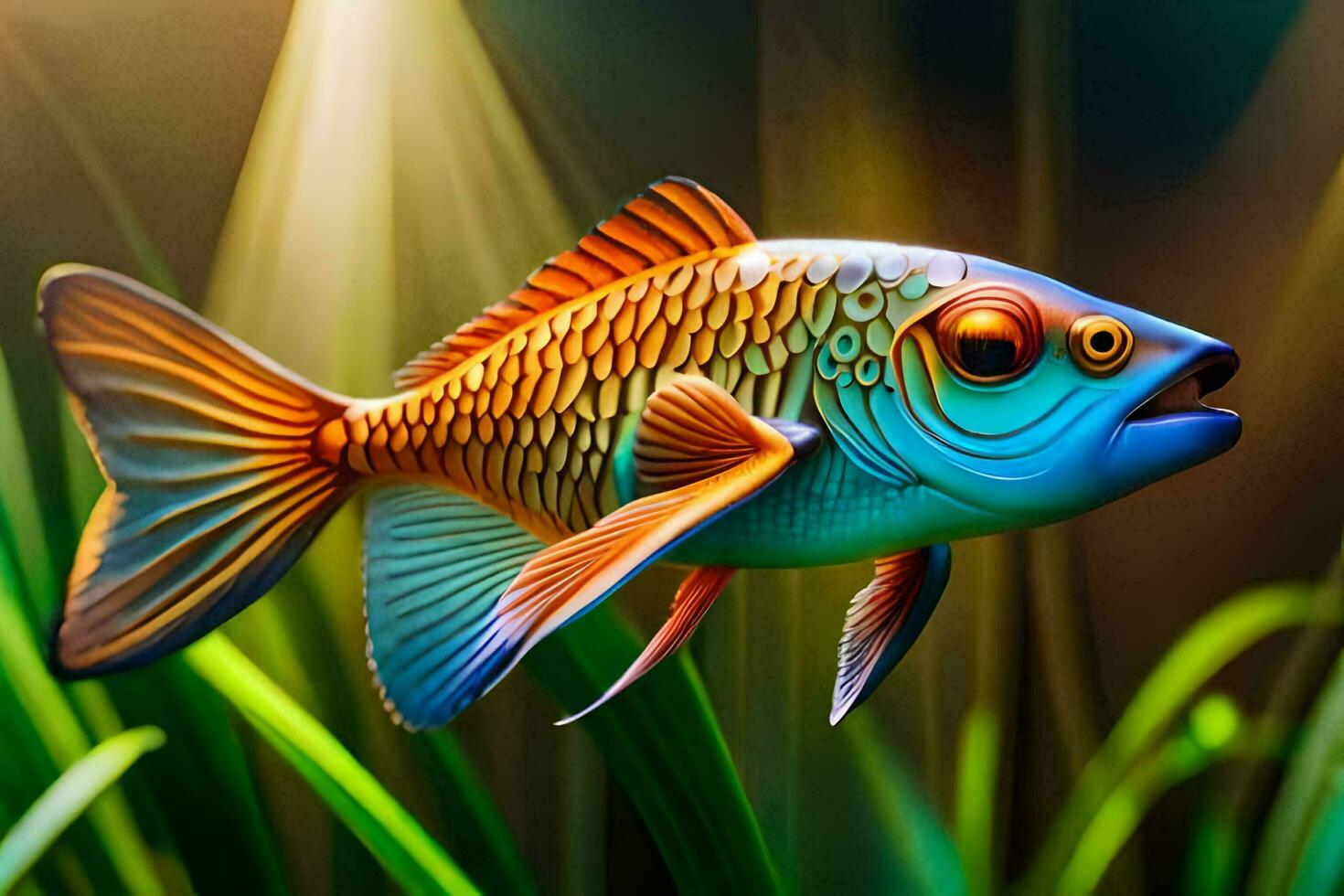 fish in the water with grass and sunlight. AI-Generated photo
