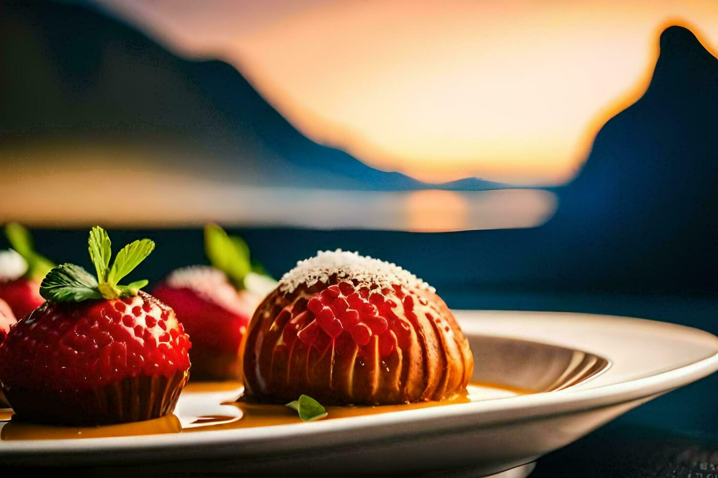 fresas en un plato con un puesta de sol en el antecedentes. generado por ai foto