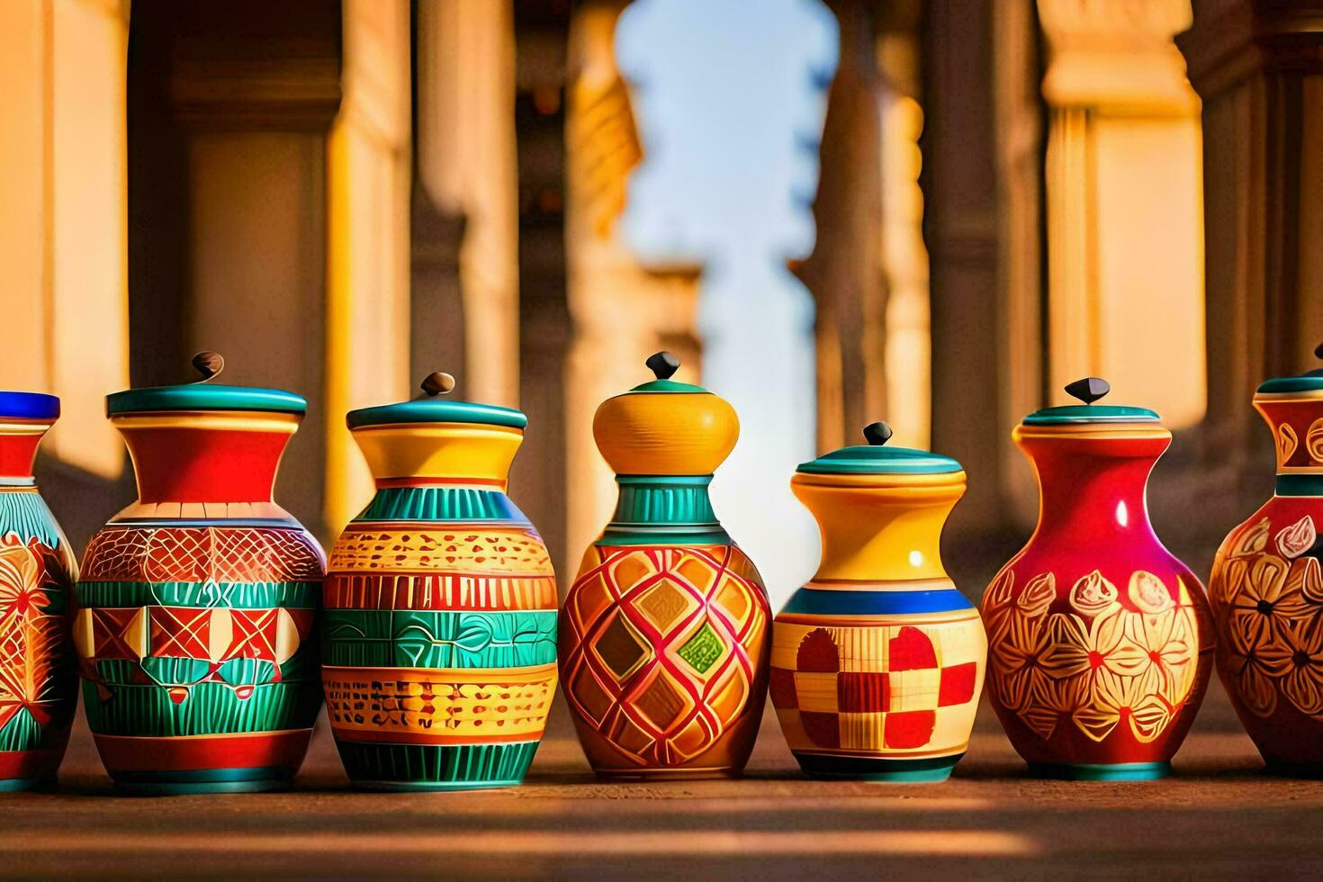 a row of colorful vases lined up on a sidewalk. AI-Generated photo