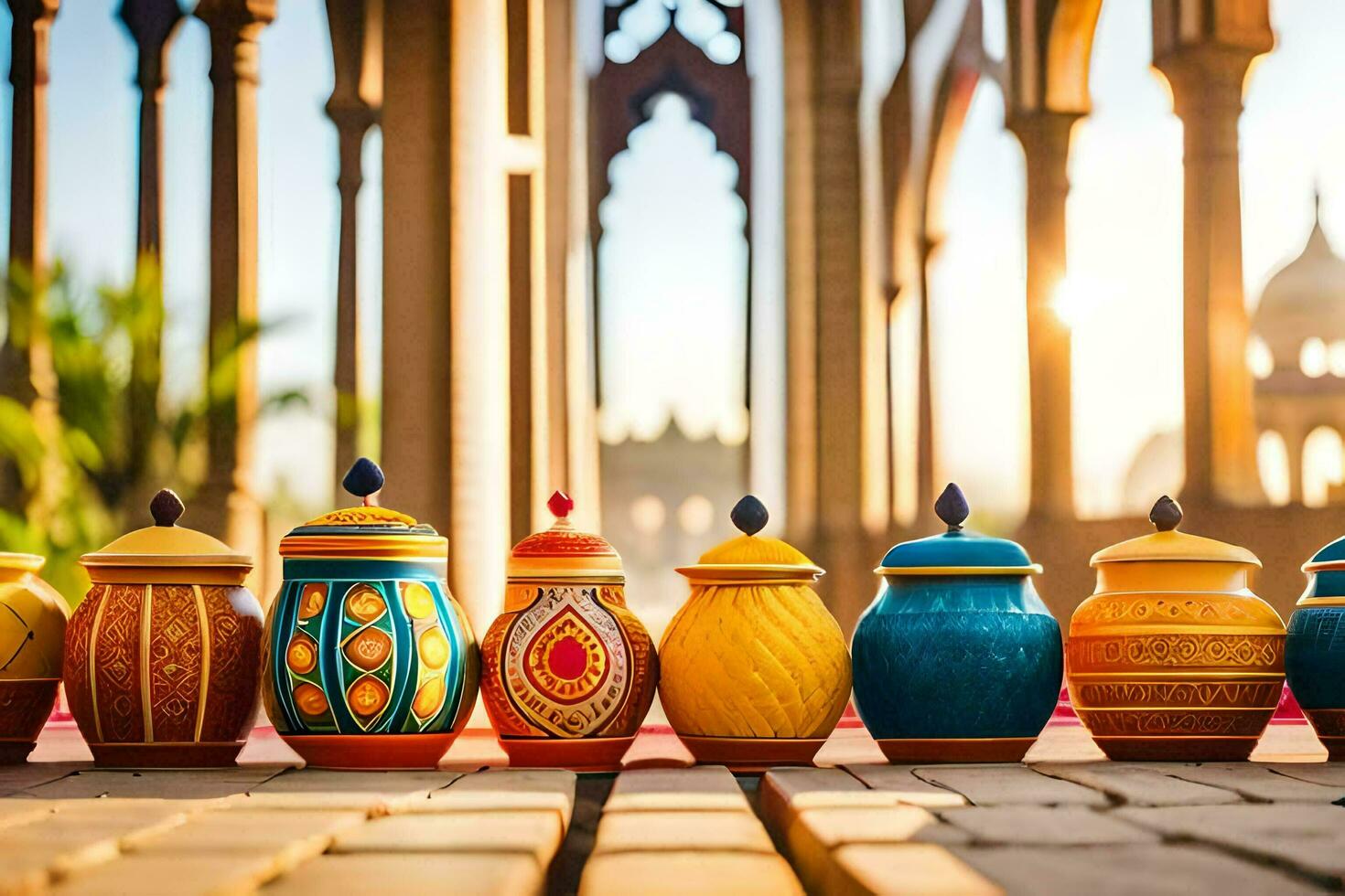 colorful ceramic jars lined up in front of a building. AI-Generated photo