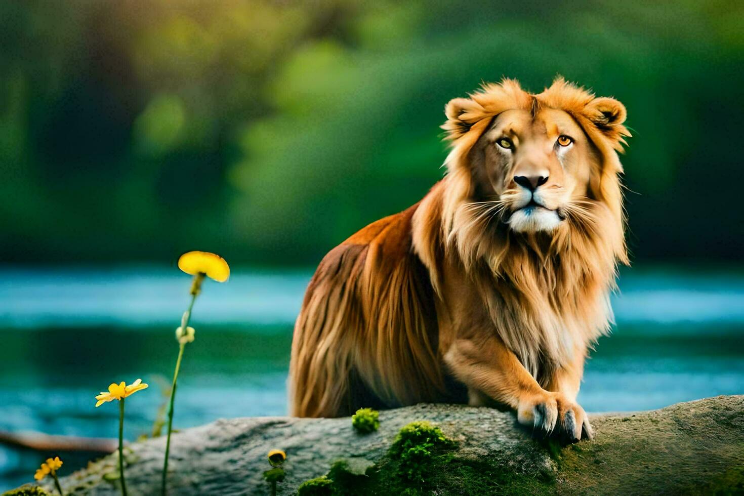 a lion sitting on a rock by a river. AI-Generated photo