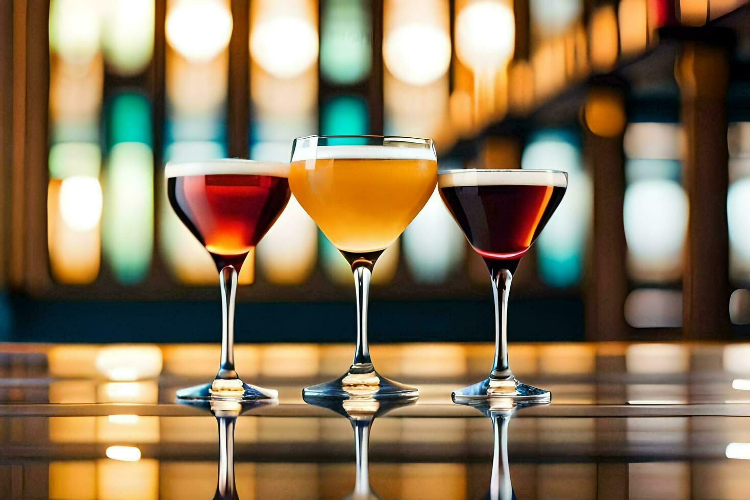 three different types of alcoholic drinks are shown on a bar. AI-Generated photo