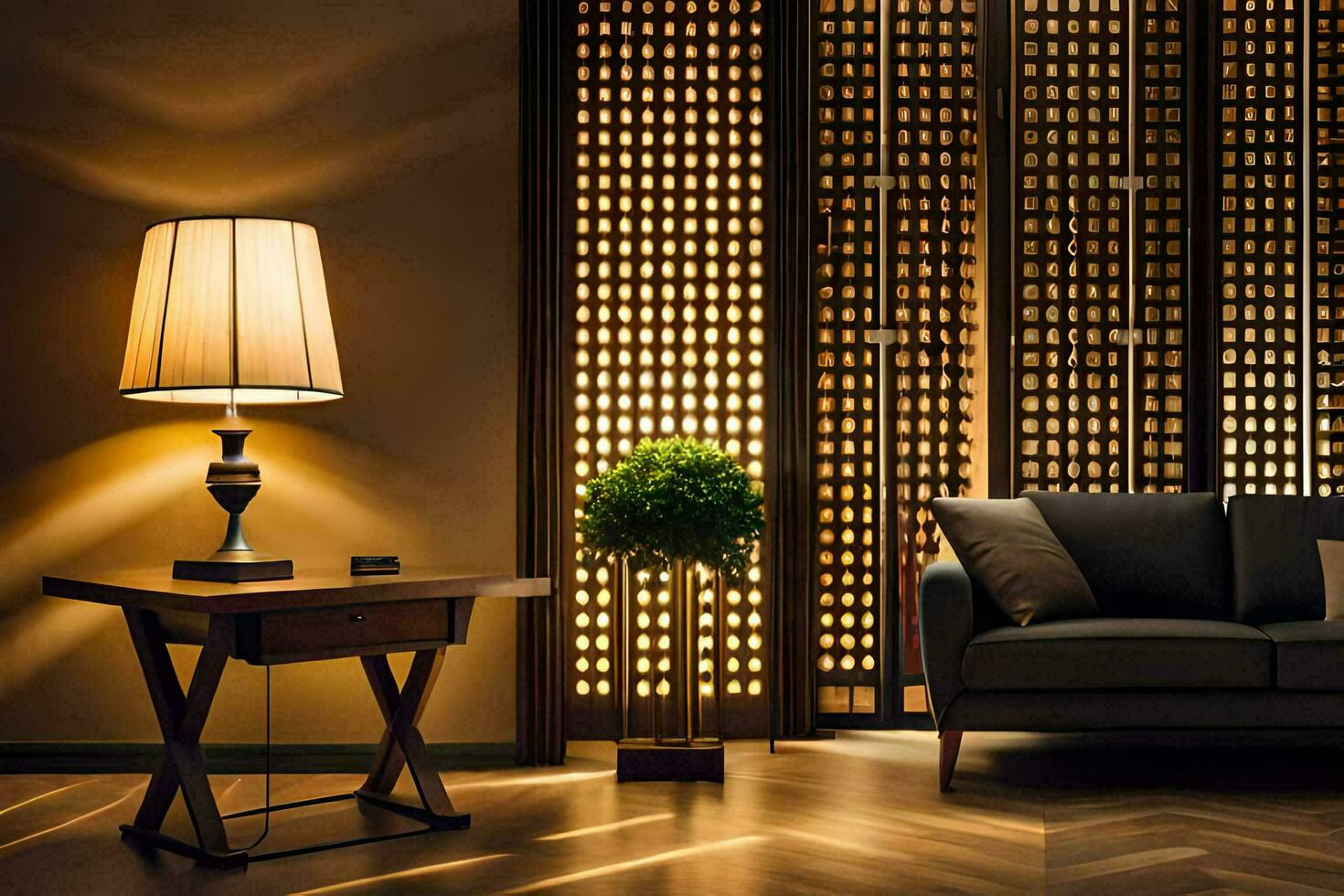 a living room with a couch, lamp and table. AI-Generated photo