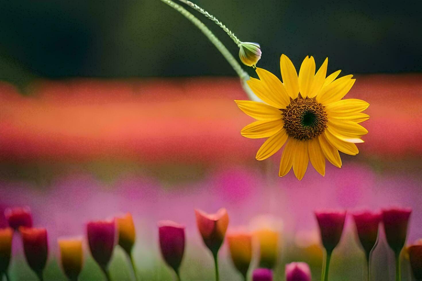 a single yellow flower is standing in front of a field of colorful flowers. AI-Generated photo