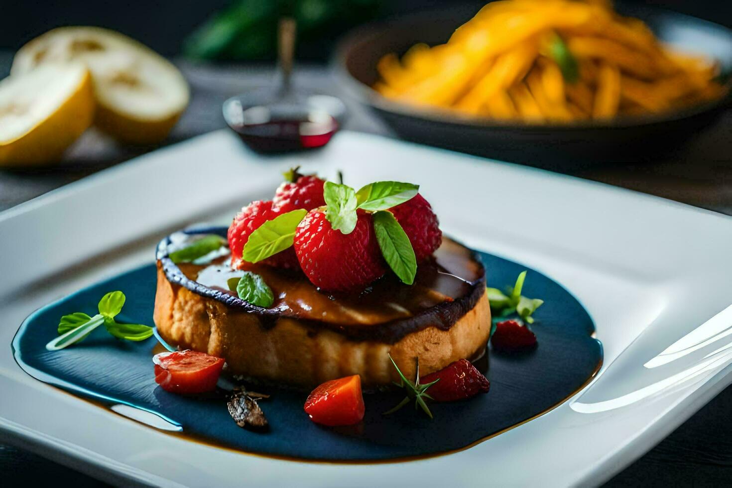 un postre con fresas y jarabe en un blanco lámina. generado por ai foto