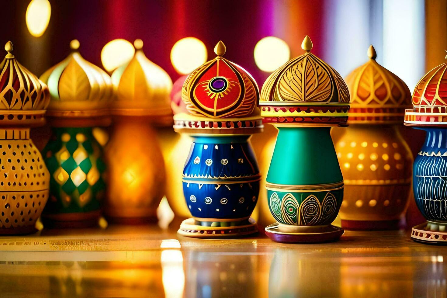 colorful diyas on a table. AI-Generated photo