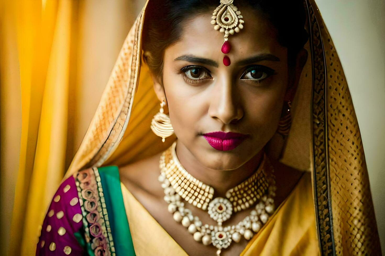 a beautiful indian woman wearing jewelry and a sari. AI-Generated photo