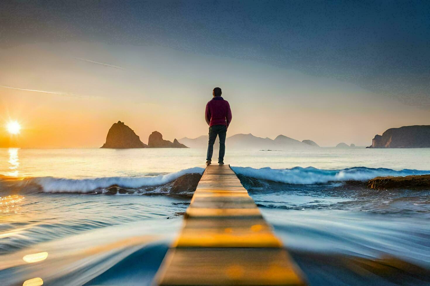 a man standing on a wooden pier looking out at the ocean. AI-Generated photo